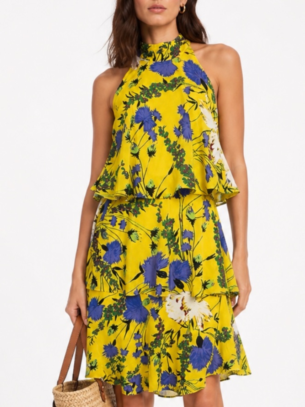 TRACEY REESE Wild Orchid Yellow Floral Tiered Dress Size S